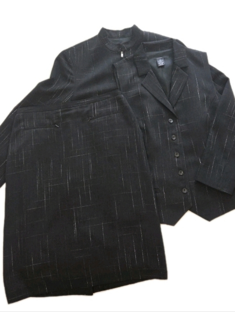 Sandra Black 3 Piece Suit Womens 8 Mandarin Collar Jacket Vest Pencil Skirt
